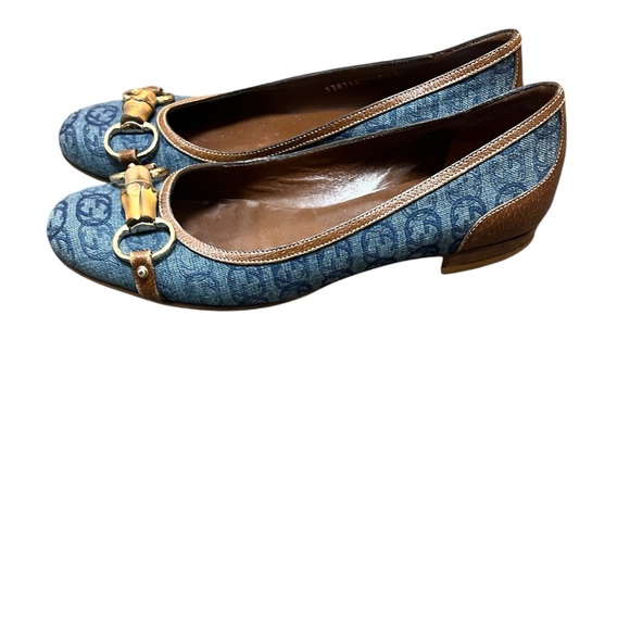 Gucci Woman Size 8.5 Blue Denim Canvas Flat Shoes Monogram Logo Leather Slip On - Picture 3 of 6